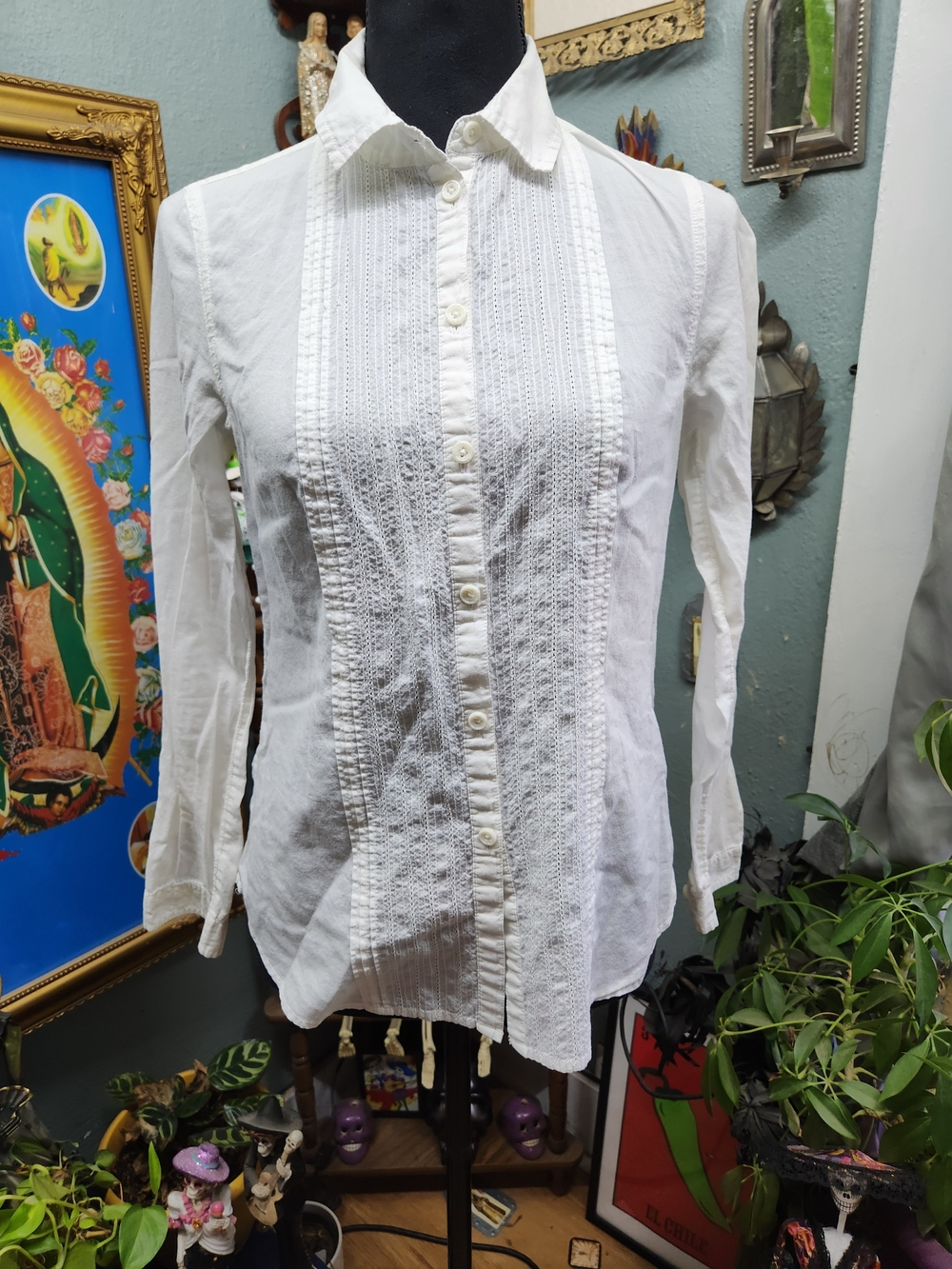 American Eagle Outfitters Cotton White Lace-Front Button Down Blouse